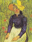 Vincent Van Gogh Young Peasant Woman with straw hat sitting in front of a wheat field Germany oil painting artist
